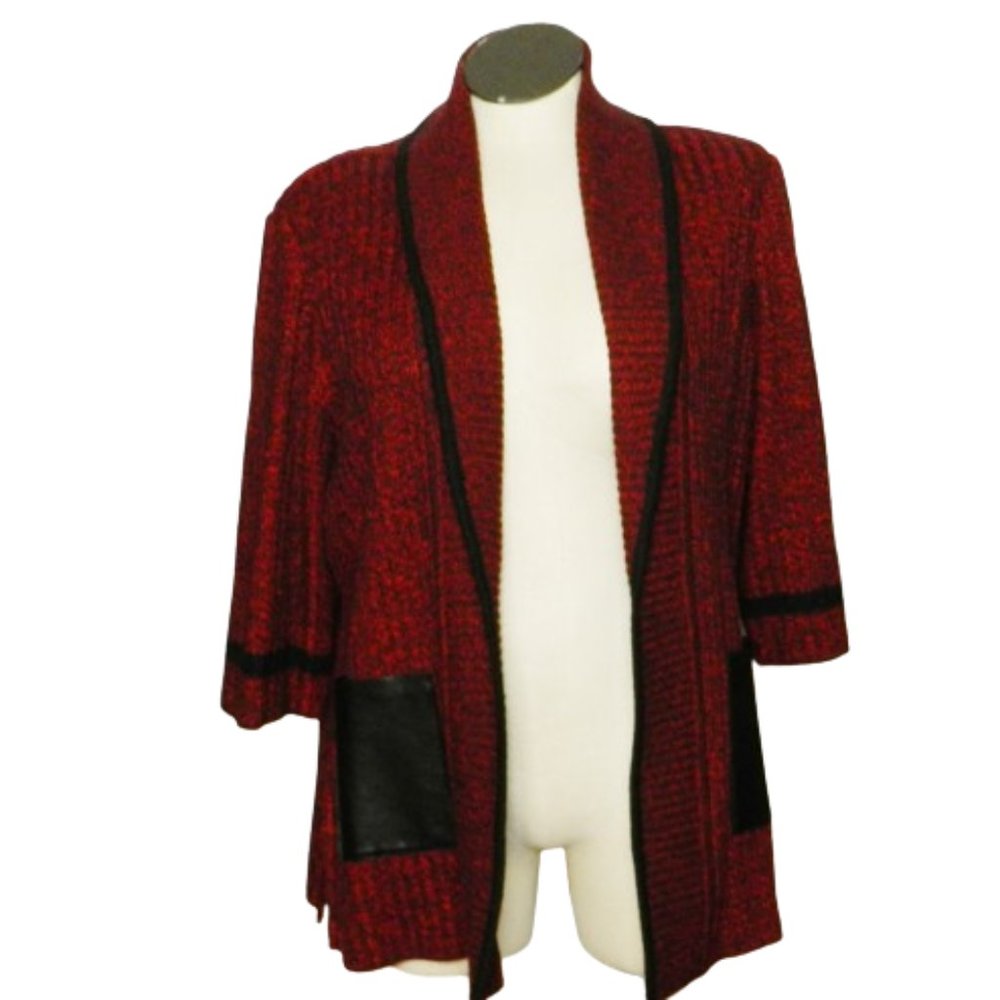 Ming Wang $270 52324 Dub Red & Black Ribbed Knit Open Cardigan Sz 0X NWT !